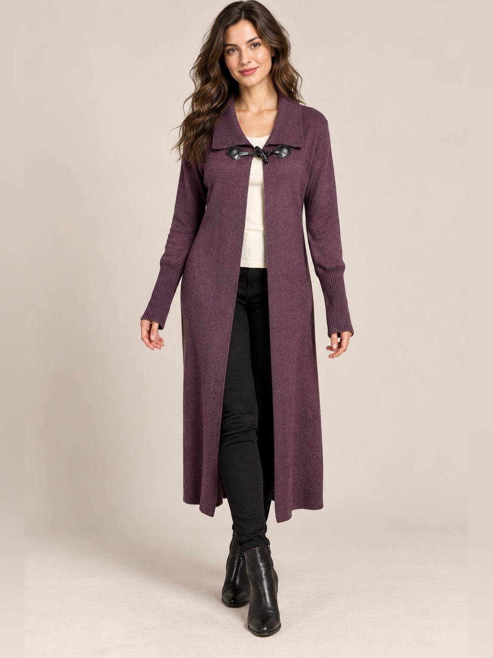 Sandmaiden Purple M Long Cardigan Sweater Coat Toggle Duster USA Wool Luxury